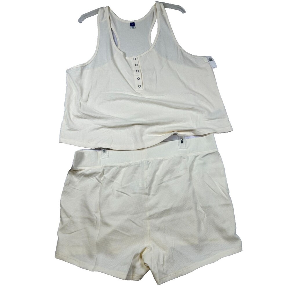 Old Navy 2PC Lounge Set Womens 3X Beige Waffle Knit Tank Top Shorts NWT